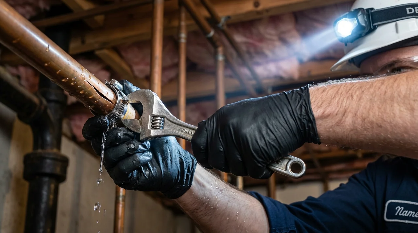 Emergency pipe clamp repair being performed by a Johns Plumbing LLC plumber in Fruitland