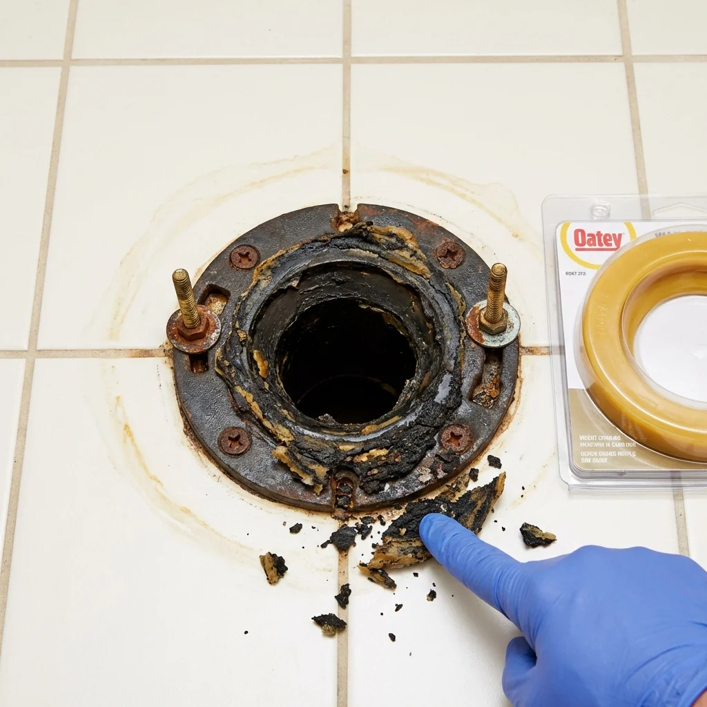Failed wax ring showing water seepage at the base of a toilet in a Fruitland, ID home
