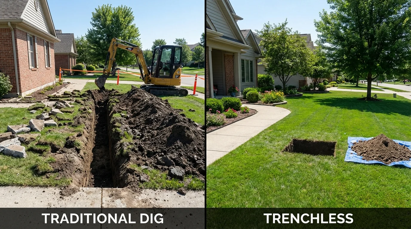 Trenchless sewer repair with minimal yard damage versus traditional excavation in Fruitland, ID