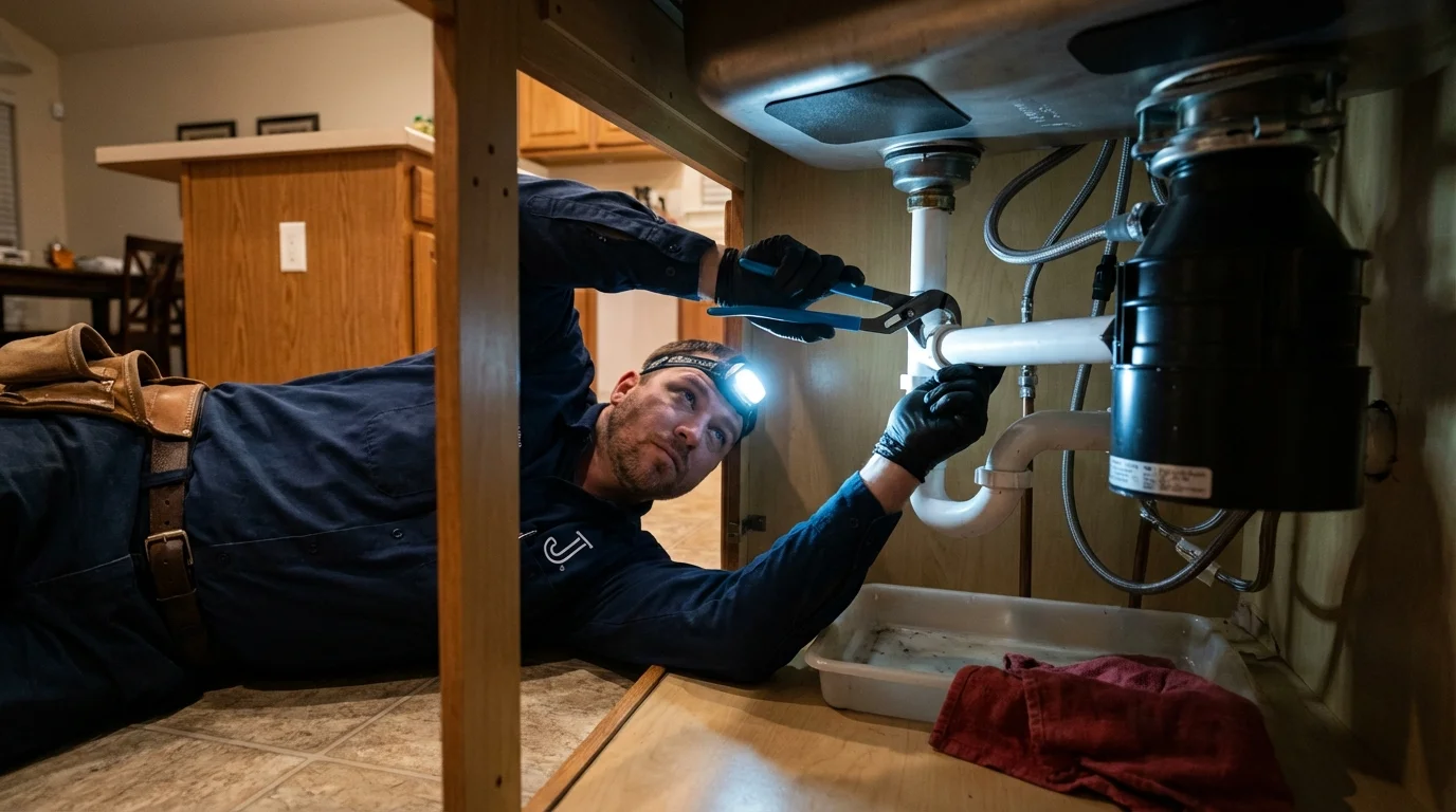 P-trap and supply line connections under a kitchen sink showing a common leak point in Fruitland, ID